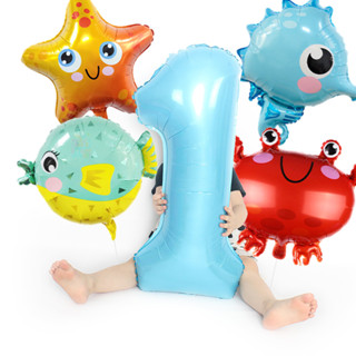 6ชิ้นภายใต้ทะเลฟอยล์บอลลูนปลาดาวปูที่มีสีฟ้าจํานวนบอลลูน32นิ…