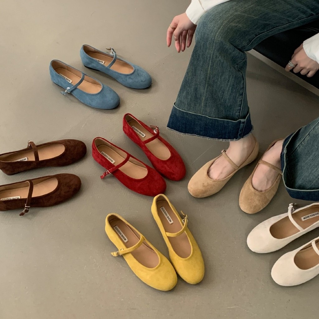 รองเท้าแมรี่เจนส์สำหรับผู้หญิง รองเท้าบัลเลต์ ลำลอง สไตล์วินเทจ สวมใส่สบาย หนังกลับ ขนาด 35-40