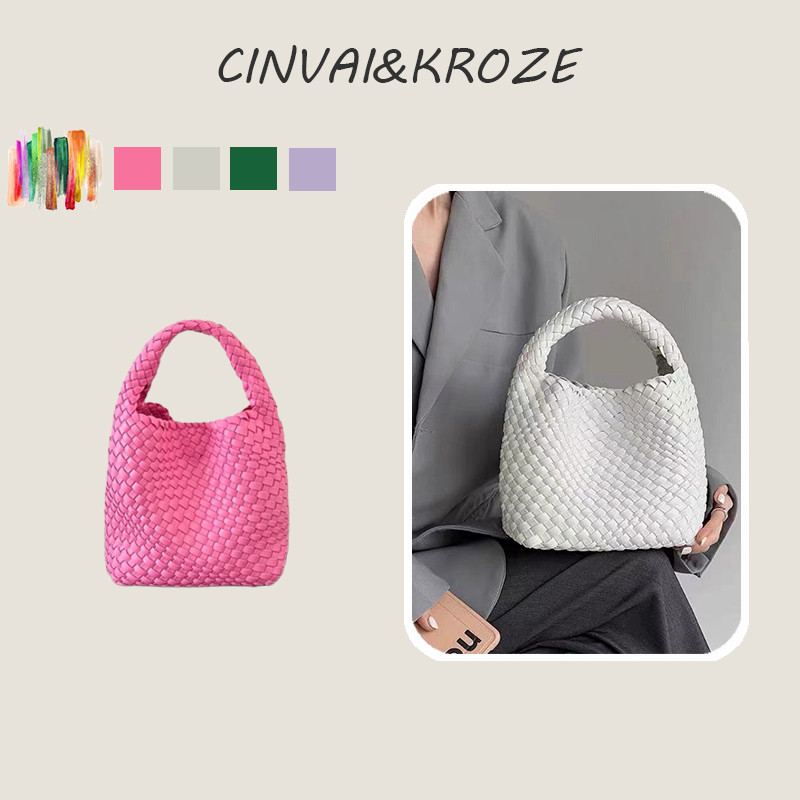 CINVAI&KROZE  กระเป๋าถือความจุขนาดใหญ่ทอมือ ใหม่กระเป๋าถังที่ทันสมัยและเรียบง่าย