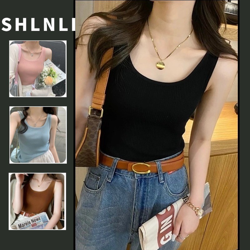 เสื้อกั๊กสั้นเกลียวสีทึบฤดูร้อนสําหรับผู้หญิงเรียบง่ายหวานคอสี่เหลี่ยมแขนกุดอเนกประสงค์ถัง