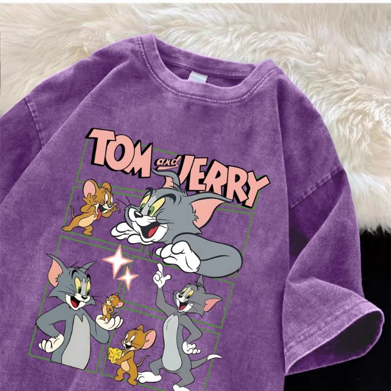 เกาหลี ดาว Oversize เสื้อยืดผ้าฟอก SXT1424 ผู้ชาย ผู้หญิง แฟชั่น วินเทจ ลายทาง ตัวอักษร การ์ตูน ลายสกรีน ฤดูร้อน M-3XL