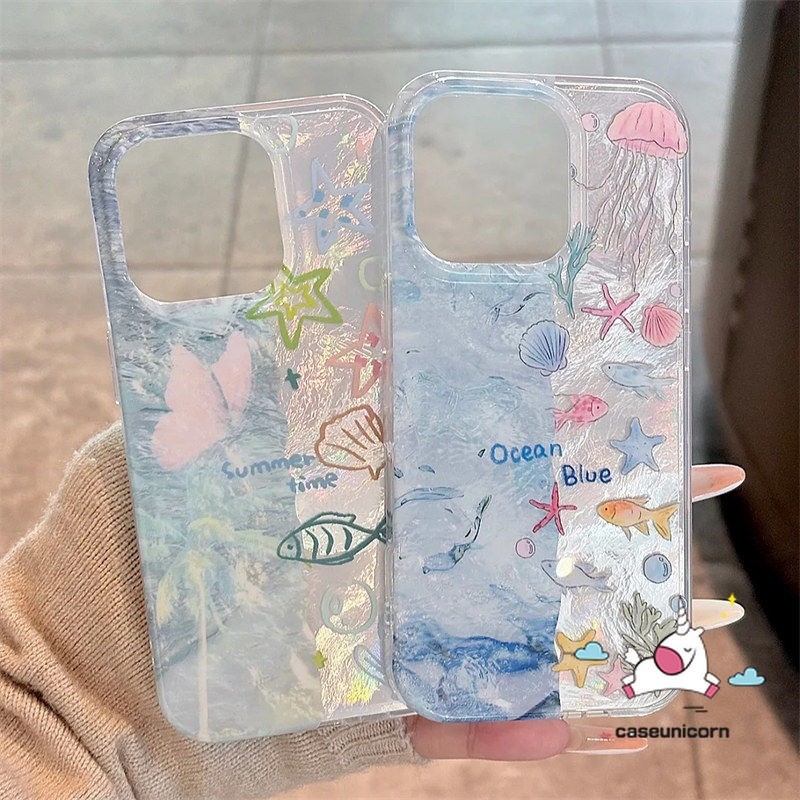 แฟนตาซีการ์ตูน Star Shell Graffiti น่ารักปลาสร้อยข้อมือสําหรับ IPhone 13 15 11 16 14 12 Pro Max 7Plus XR X XS Max 7 16 15 6s 8 Plus SE2020 หรูหราระลอกน้ํานุ่มกรณี