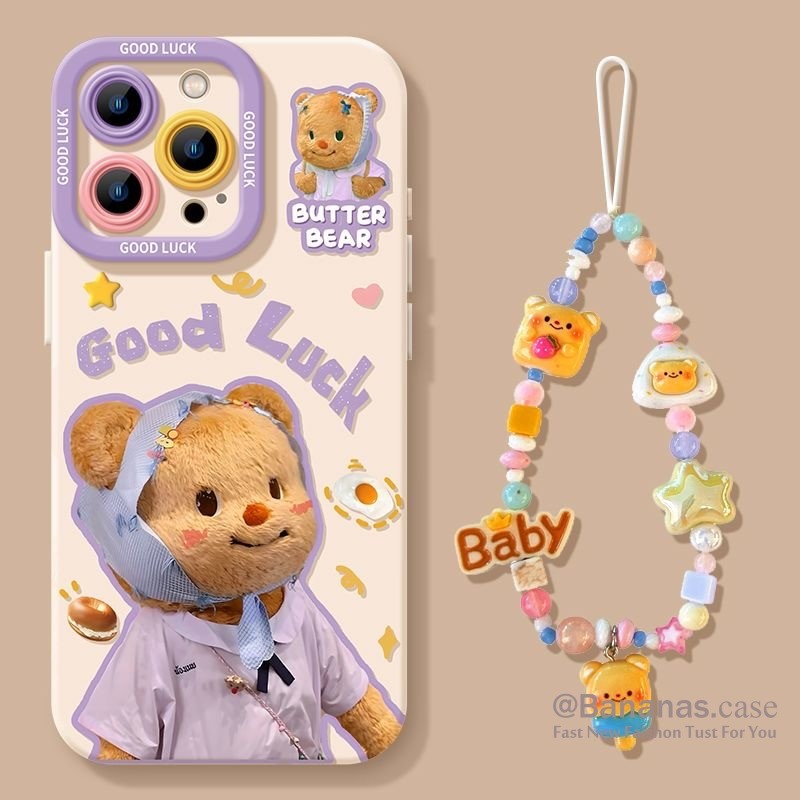 เข้ากันได้กับ iPhone 16 15 14 13 12 11 Pro Max X Xr Xs Max 7 8 Plus SE2020 เคสโทรศัพท์การ์ตูนหมวกสีม่วงหมีเนย + Lanyard คู่นุ่มปกหลัง