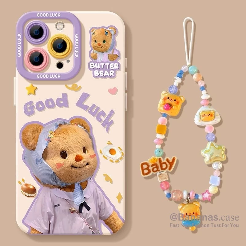 เข้ากันได้กับ iPhone 16 15 14 13 12 11 Pro Max X Xr Xs Max 7 8 Plus SE2020 เคสโทรศัพท์การ์ตูนหมวกสีม่วงหมีเนย + Lanyard คู่นุ่มปกหลัง