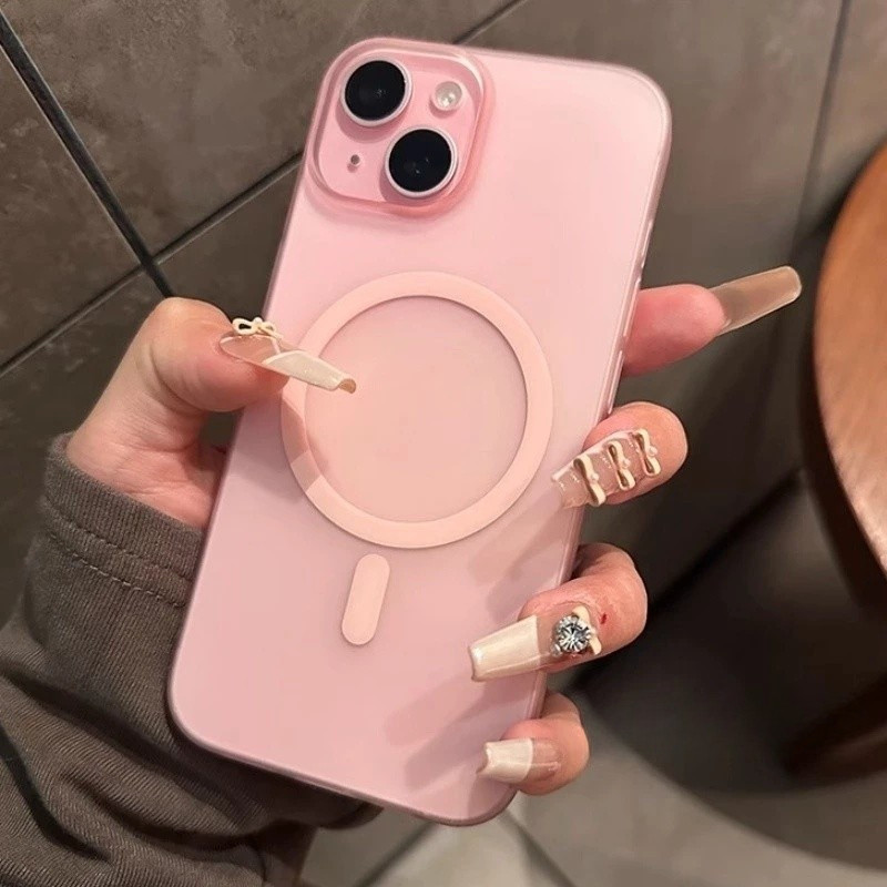 เคสพีซีสีชมพูฝ้าบางเฉียบกึ่งโปร่งใสเคลือบเคสโทรศัพท์แม่เหล็กสําหรับ ไอโฟน 16 15 14 13 12 11 มือโปร สูงสุด ฮาร์ดปกหลังกันกระแทกปลอกป้อง