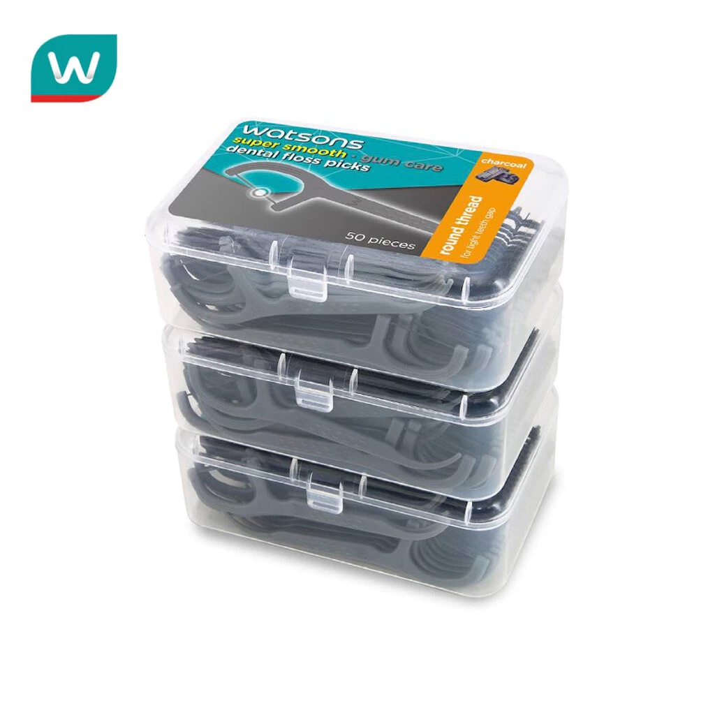Watsons วัตสัน ซุปเปอร์ สมูธ ไหมขัดฟันเส้นกลม ชาร์โคล ชนิดด้าม 50 ด้าม แพ็ค 3 กล่อง