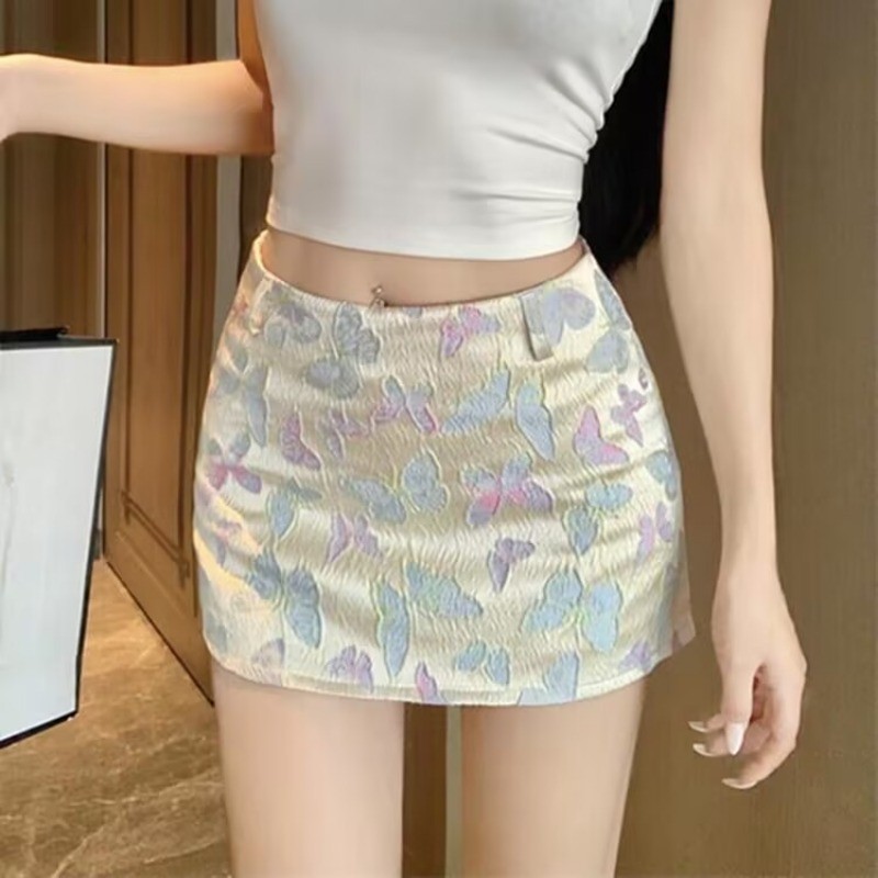 โดปามีน กระโปรงมินิผ้าซาตินผีเสื้อสีสันสดใส เซ็กซี่เอวต่ำ แพ็คสะโพก