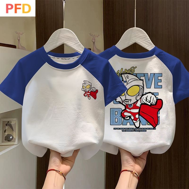 Ultraman Boys เสื้อยืดแขนสั้นผ้าฝ้ายแท้เด็กเสื้อผ้าฤดูร้อน อุลตร้าแมน