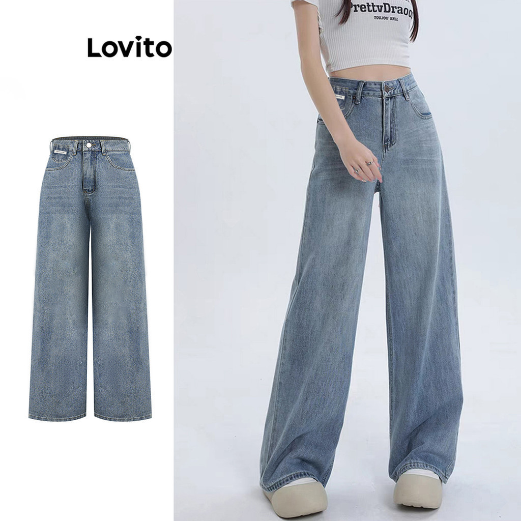 Lovito กางเกงยีนส์ลําลองกระเป๋าธรรมดา CatS Whiskers Badge ยีนส์สําหรับผู้หญิง L97AD006