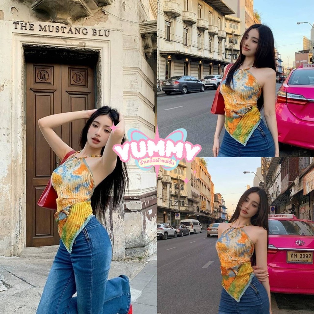 🎀Yummy Shop🎀พร้อมส่ง (M1152) เสื้อคล้องไหมพรม ผูกมัดหลัง น่ารักมาก ดีเทลสายใส่ลูกปัด ลายสดใส