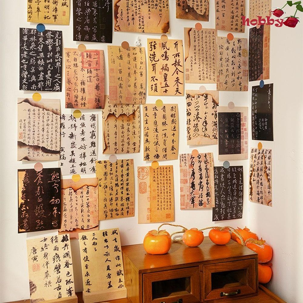 HOBBY 30 แผ่นจีนผนัง Collage Kit, สไตล์โบราณด้านเดียวโปสเตอร์ห้องตกแต่ง,จีนการประดิษฐ์ตัวอักษรห้องนั่งเล่นพื้นหลัง Best Wishes ของขวัญตกแต่งการ์ด