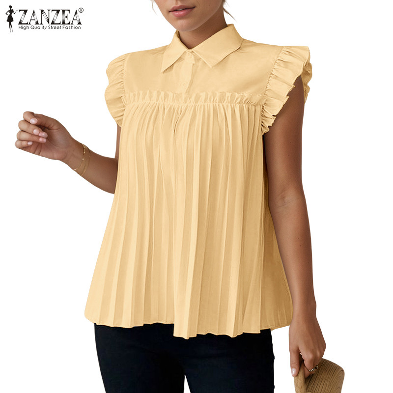 ZANZEA เสื้อเชิ้ตแขนสั้นจีบแขนยาววินเทจสําหรับผู้หญิง