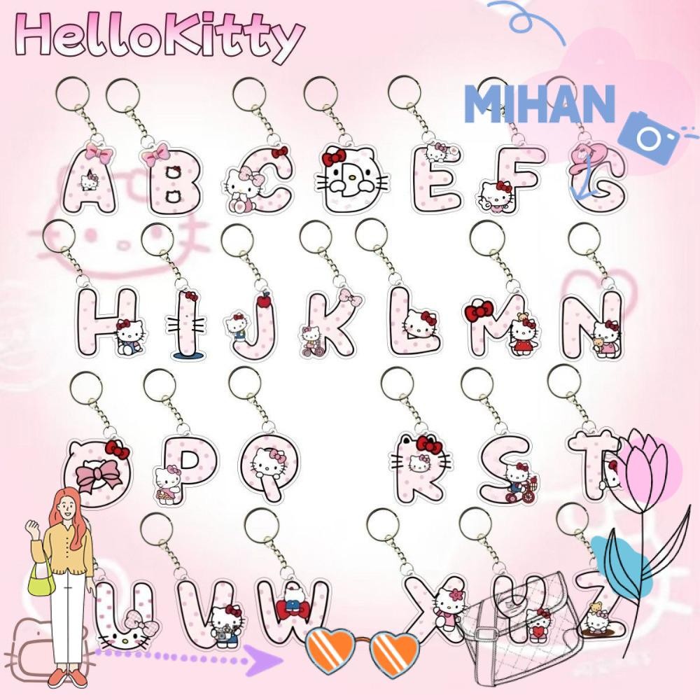 พวงกุญแจ MIHAN พวงกุญแจลายการ์ตูน Hello Kitty ตัวอักษรภาษาอังกฤษ DIY กระเป๋าป้องกันการสูญหายจี้ของขวัญ