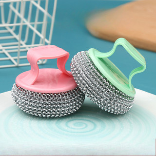 Steel Wire Ball Cleaning Brush With Handle Kitchen Soap Dispensing Palm Brush Washing