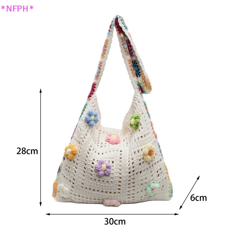 NFPH>ฤดูร้อนขนาดใหญ่ความจุBoho Toteกระเป๋าดอกไม้โครเชต์กระเป๋าถือVINTAGE Multicolor Cut-Outถักแฟชั่นHollow Outกระเป๋าถือใหม่