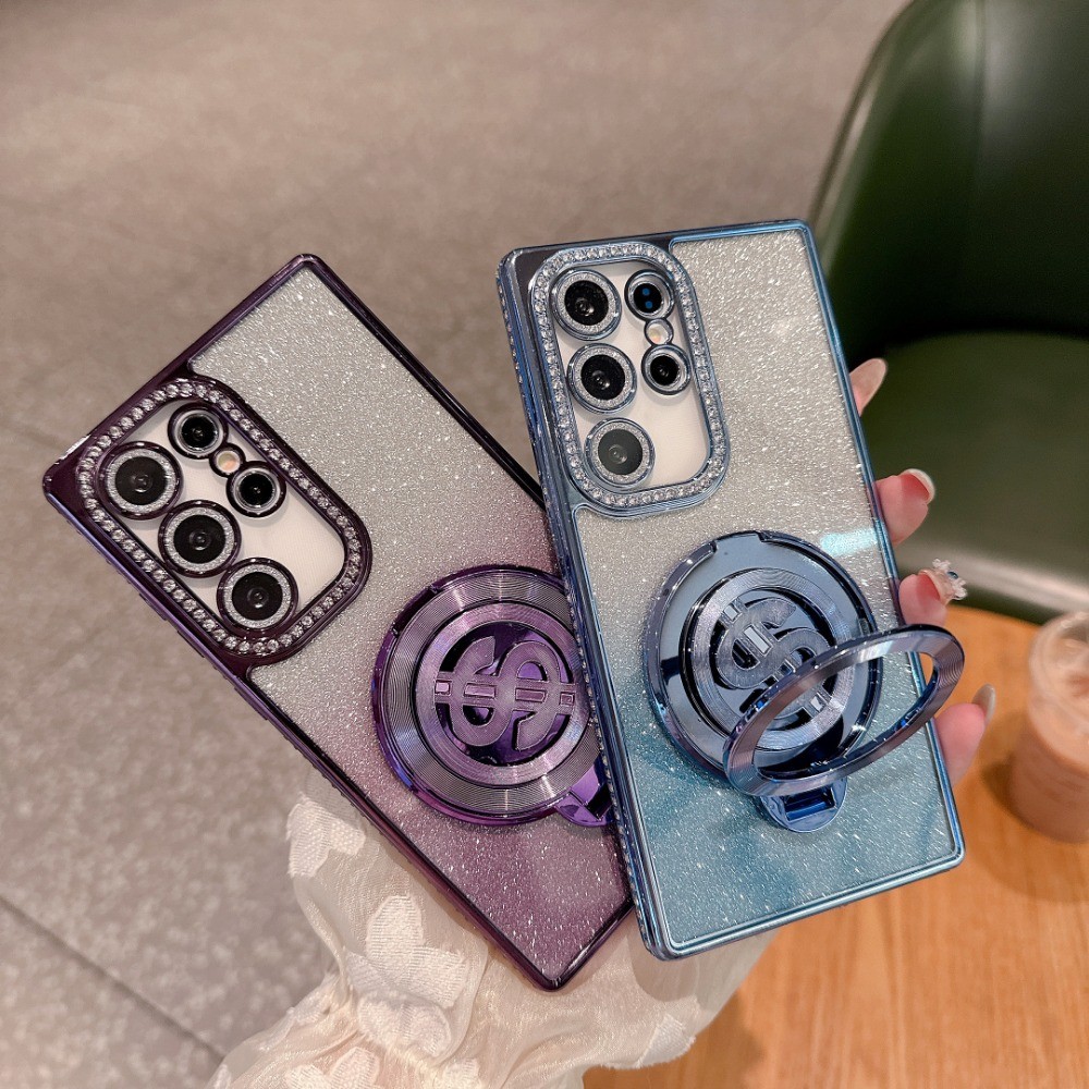 เพชรหมุนแม่เหล็ก USD Bracket Anti Drop โปร่งใสขอบเพชรสําหรับ Samsung S24FE A56 S20FE S21 S22Ultra S2