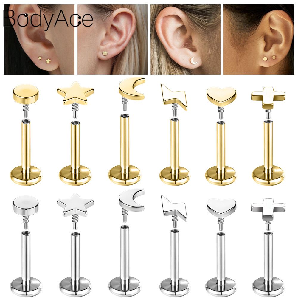 Bodyace 16G/18G ต่างหู Lip Piercing Star Labret เจาะต่างหูสตั๊ดด้ายภายใน