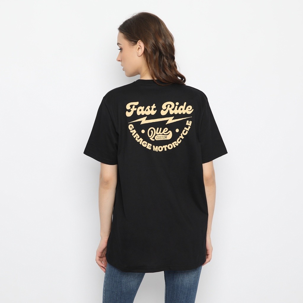 QUE เสื้อแข่งเดี่ยว unisex สําหรับผู้ชาย que เสื้อยืดขี่เร็วแบบกําหนดเอง - สีดํา