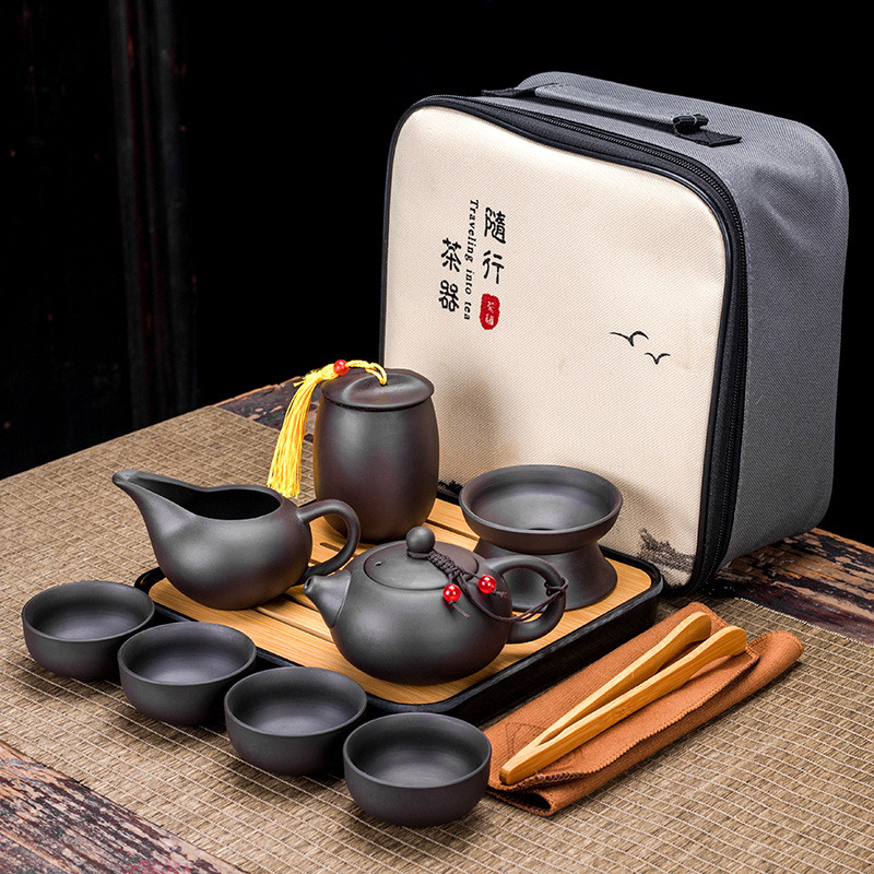 ในสต็อก12-PCS กาน้ําชาดินสีม่วง Travel Kung Fu ชุดชาแบบพกพา Home Office ของขวัญ Simple ของขวัญกล่องของขวัญ