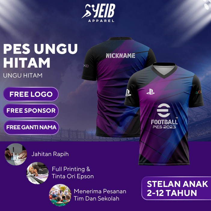 UNGU KIDS EFOOTBALL JERSEY PES สีม่วงสีดํา PRO EVOLUTION SOCCER JERSEY ฟรีโลโก้ & SPONSOR NAPUNG
