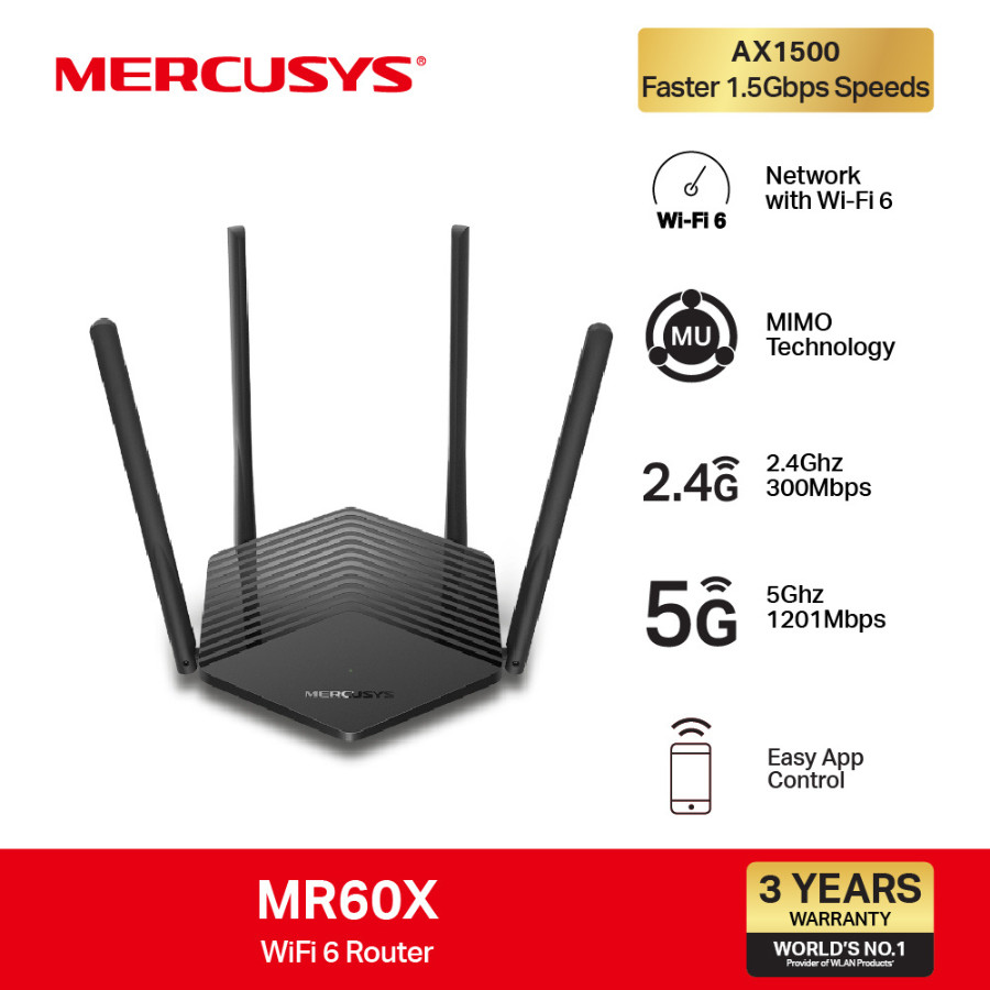 MERCUSYS MR60X Router Wi-Fi 6 AX1500 Faster 1.5 Gbps Speeds 1201Mbps(5Ghz) 300Mbps(2.4Ghz) เราเตอร์ 2.4/5Ghz