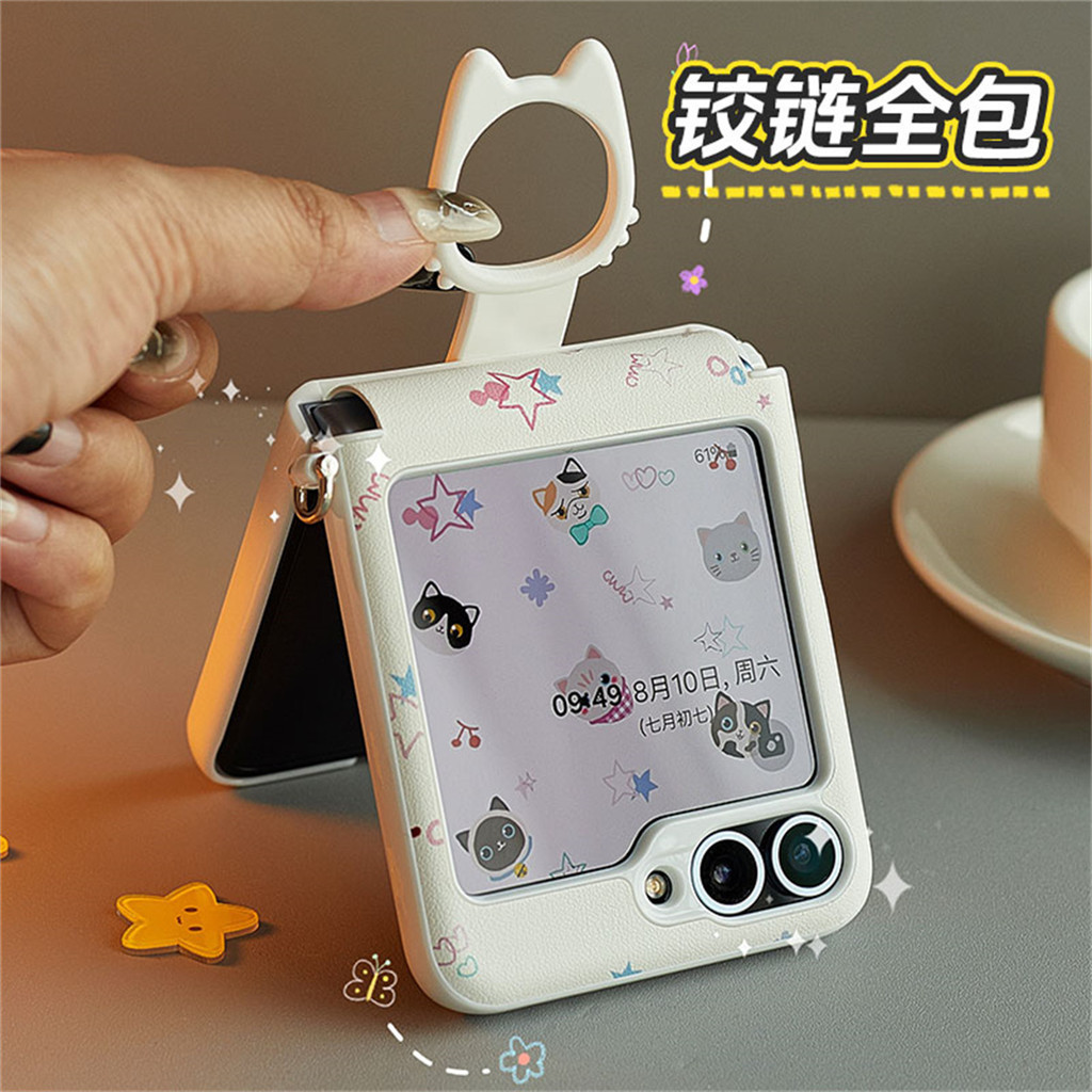 เกาหลีน่ารักลูกสุนัข Kitty เคสโทรศัพท์พร้อมแหวนแมวสําหรับ Samsung Galaxy Z Flip 6 5 Z flip6 ZFlip 5 flip6 ZFlip6 ฝาหลังmanha
