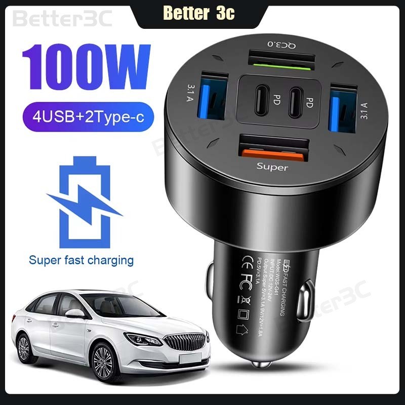 100W 6 พอร์ต Fast Charging Car Charger 6 in 1 4USB + 2PD Charger QC3.0 ประเภท C อะแดปเตอร์ชาร์จโทรศั