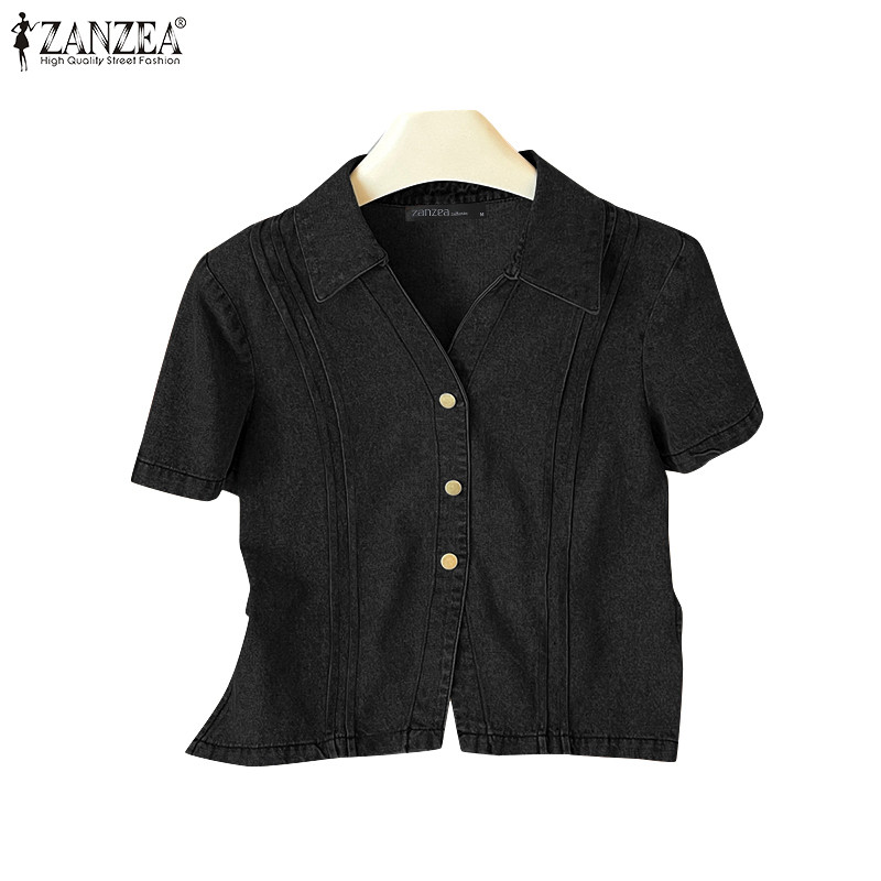 ZANZEA เสื้อเชิ้ตแขนสั้นคอปกแขนสั้นวินเทจเกาหลีสําหรับผู้หญิง