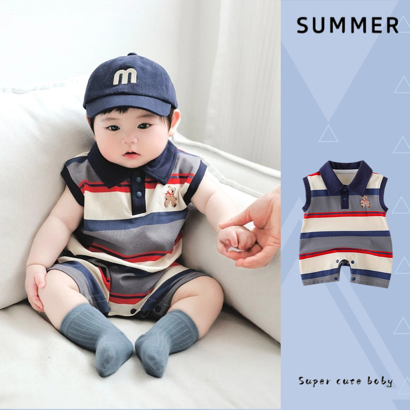 ฤดูร้อนใหม่เสื้อผ้าเด็กบางบอดี้สูทแขนกุด0-24เดือนทารกแรกเกิดระบายอากาศสุดน่ารักลายหมี ชุดรอมเปอร์ สไตล์เกาหลี