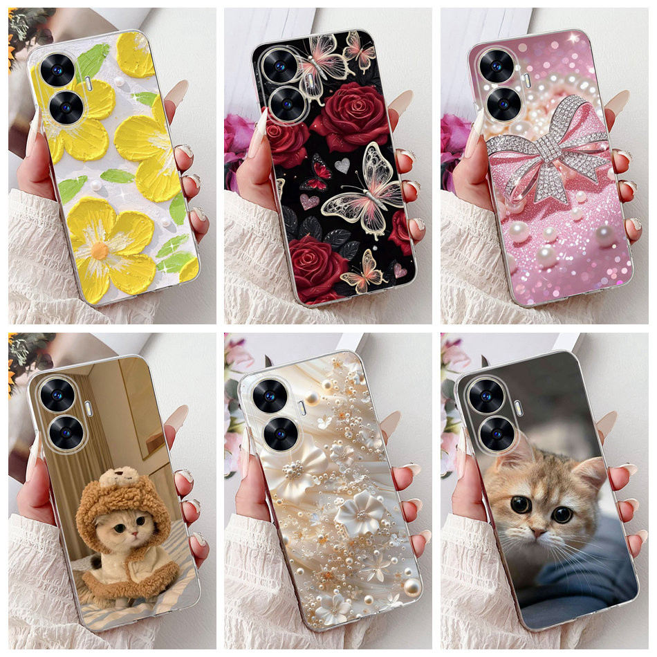 สําหรับRealme C55 RMX3710 Elegant Floral CatภาพวาดกรณีRealmeC55 4Gซิลิโคนอ่อนนุ่มTPUเคสโทรศัพท์