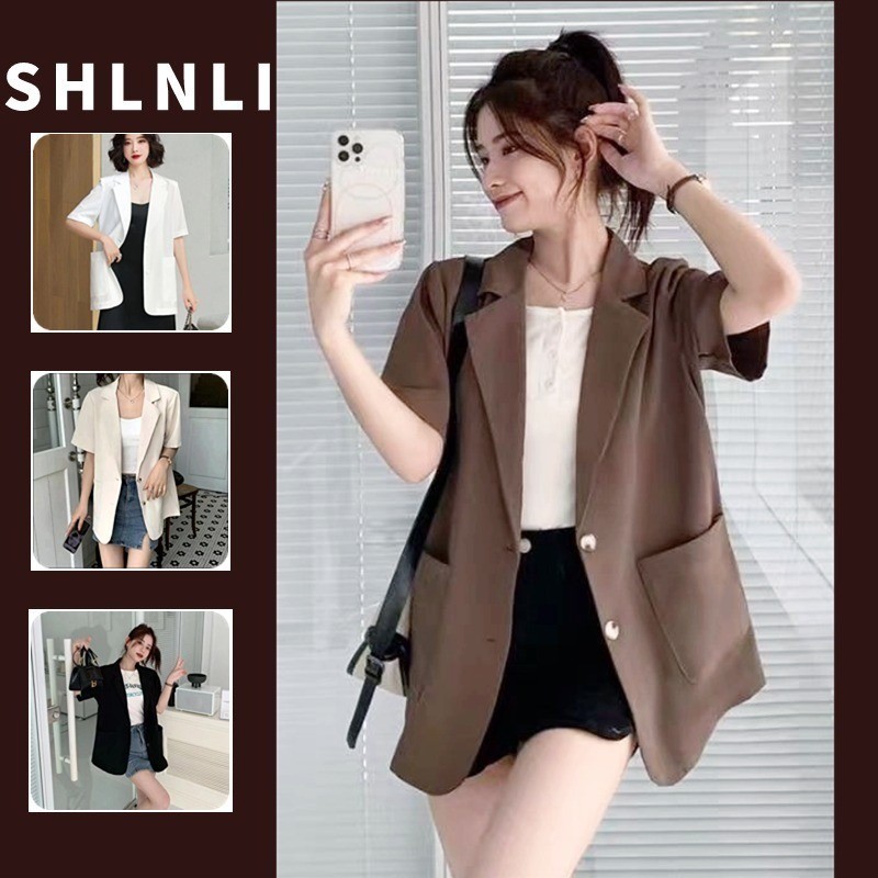 เสื้อแจ็คเก็ตสูทแขนสั้นลําลองสีทึบสําหรับฤดูใบไม้ผลิและฤดูร้อนของผู้หญิง