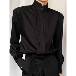 🖤Stand Collar Pleated Shirt เสื้อเชิ้ตผู้ชายคอจีนพับร่อง ผ้าคอตตอน100% แขนยาวสไตล์เรียบหรู มี2สี ดำ/ขาว Size M-3XL