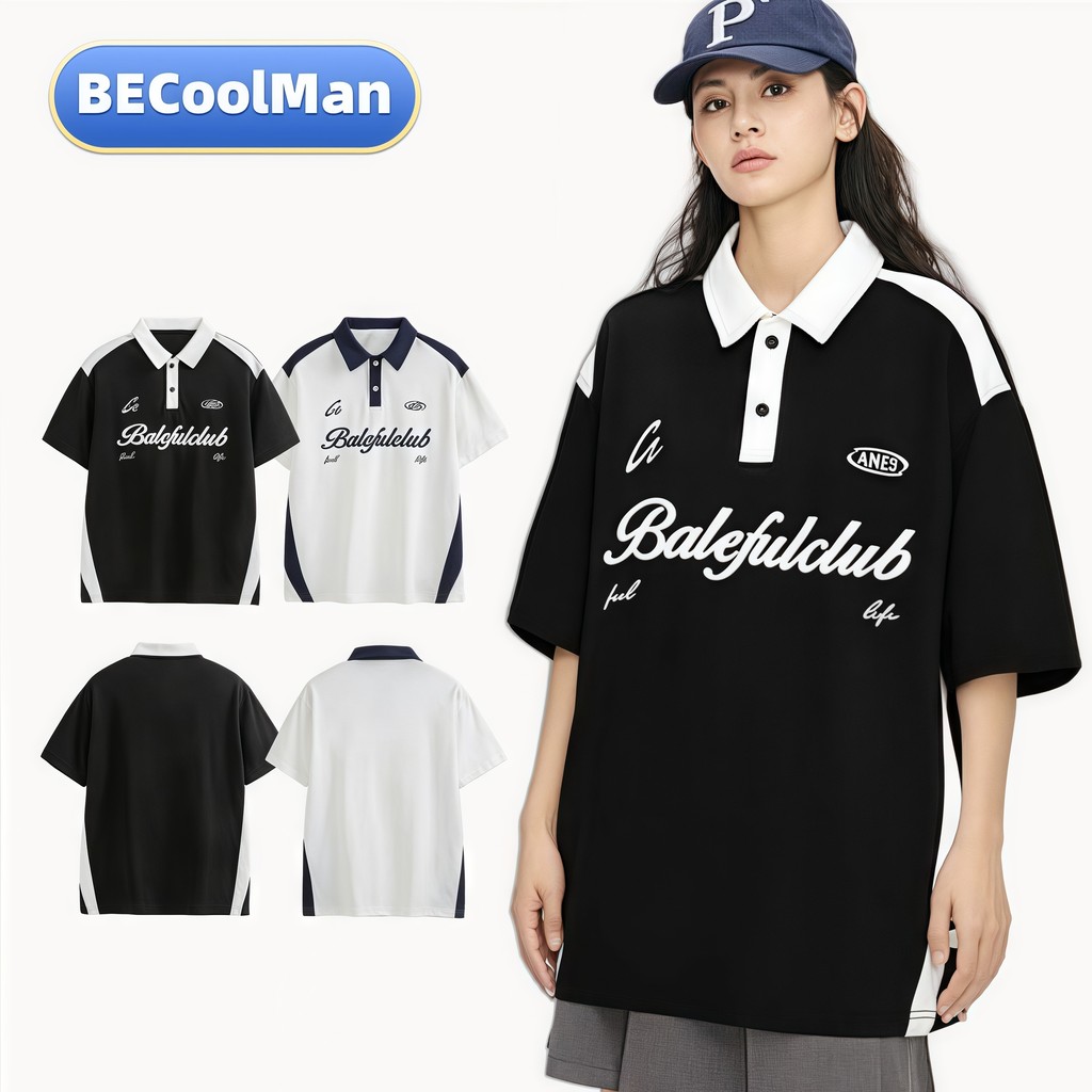 💥BECoolMan💥เสื้อยืดผู้ชายสไตล์โทนผสม คอโคลลาร์แฟชั่น ลายพีซซี่ทันสมัย เสื้อคู่แขนสั้น เตรียมสำหรับฤดูร้อน ความเข้ากันแบบยอดเยี่ยม