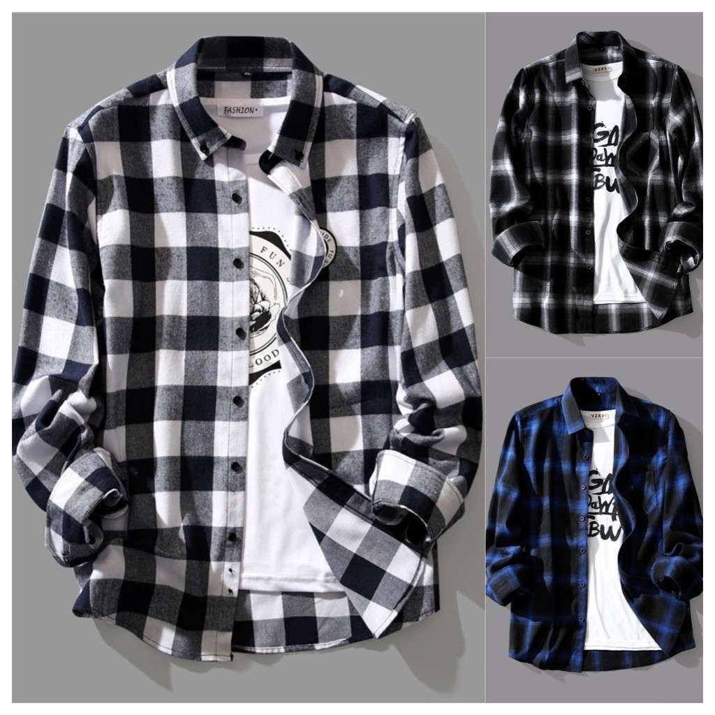 ฤดูร ้ อนเกาหลีแฟชั ่ นลายสก ๊ อตเสื ้ อผู ้ ชายธุรกิจหลวมแขนยาว