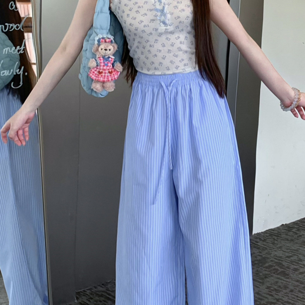 กางเกงขายาวลายทาง แนวตั้ง เอวยางยืด สำหรับฤดูร้อน - รูปที่ 4