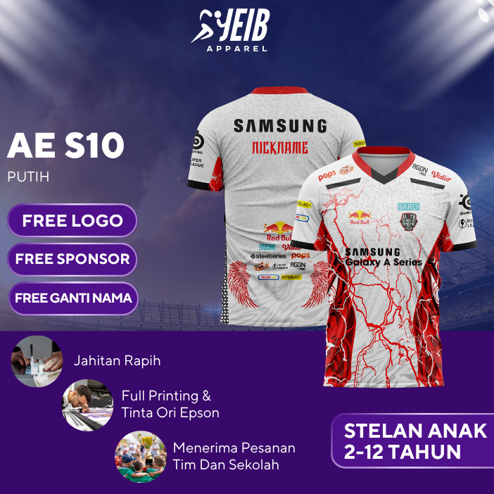 ESPORT JERSEY AE S10 WHITE GAMING JERSEY FULL PRINTING CHILDRENS JERSEY CUSTOM NAME