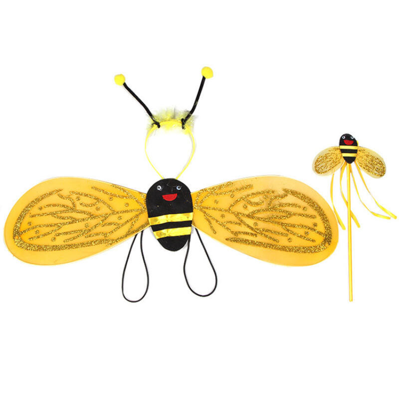 3 ชิ้นสีเหลือง Bee คอสเพลย์เครื่องแต่งกายฮาโลวีนสาว Bee Antennae แถบคาดศีรษะ Hairband ปีก Magic Wand
