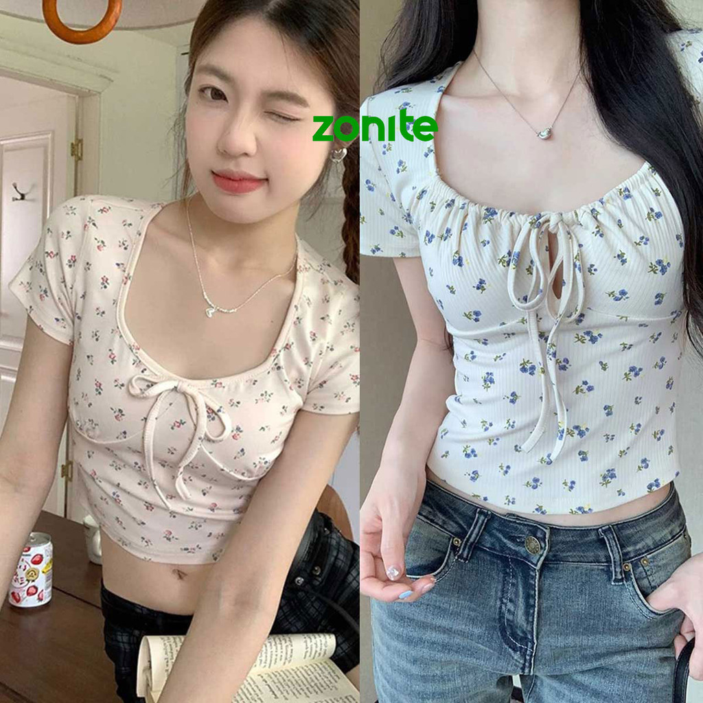เสื้อยืดหญิงคอกล่อง ผูกโบว์ เข้ารูป เอวเล็ก