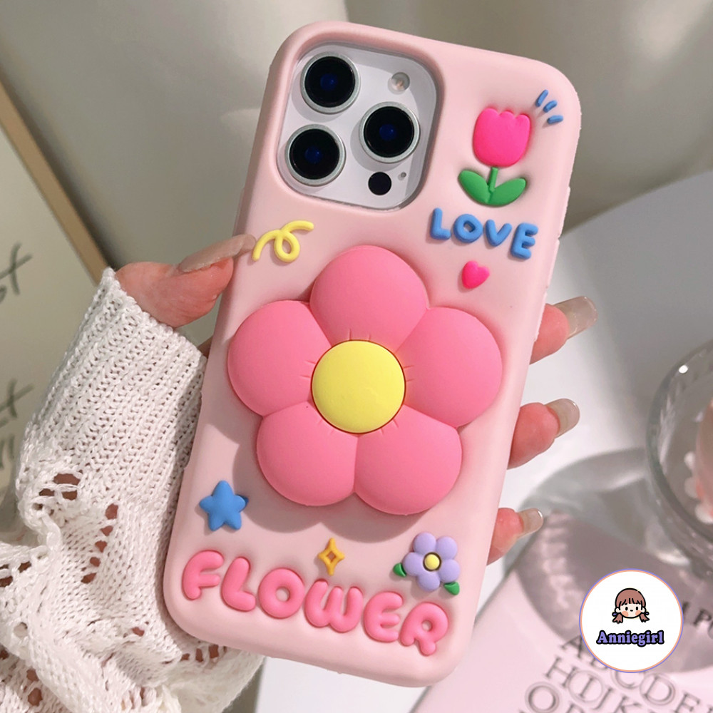 เกาหลี 3D ดอกไม้พับขาตั้งซิลิโคนเคสโทรศัพท์สําหรับ IPhone 11 16 14 15 Pro Max 12 13 ProMax ป้องกันฝุ่นกันกระแทกนุ่มโทรศัพท์ปกหลัง