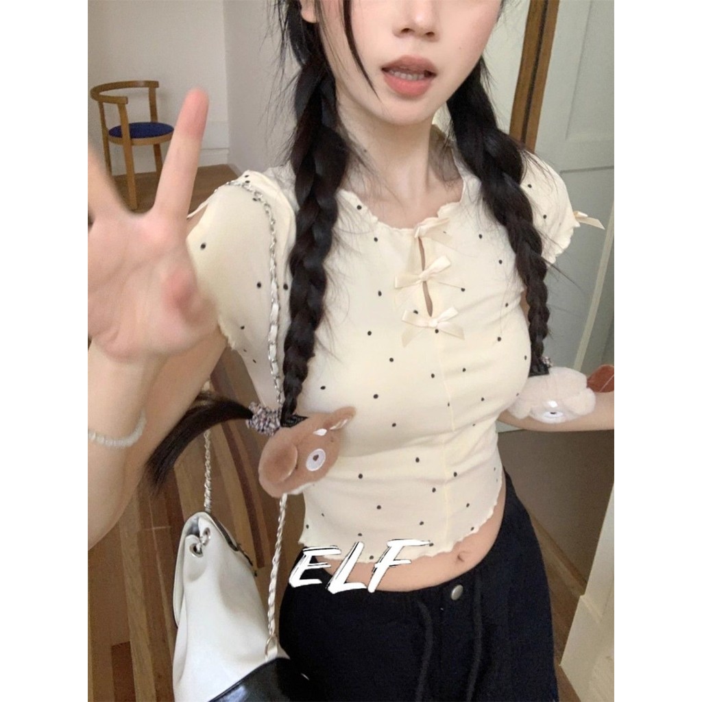 Polka Dot Bow Design เสื้อยืดแขนสั้นแฟชั่น Crop Top