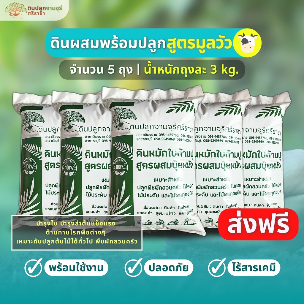 (ส่งฟรี)ดินผสมใบก้ามปูสูตรขี้วัวบด 5 ถุง (นน.3kg./ถุง) ใช้เวลาจัดส่ง 5-7 วัน