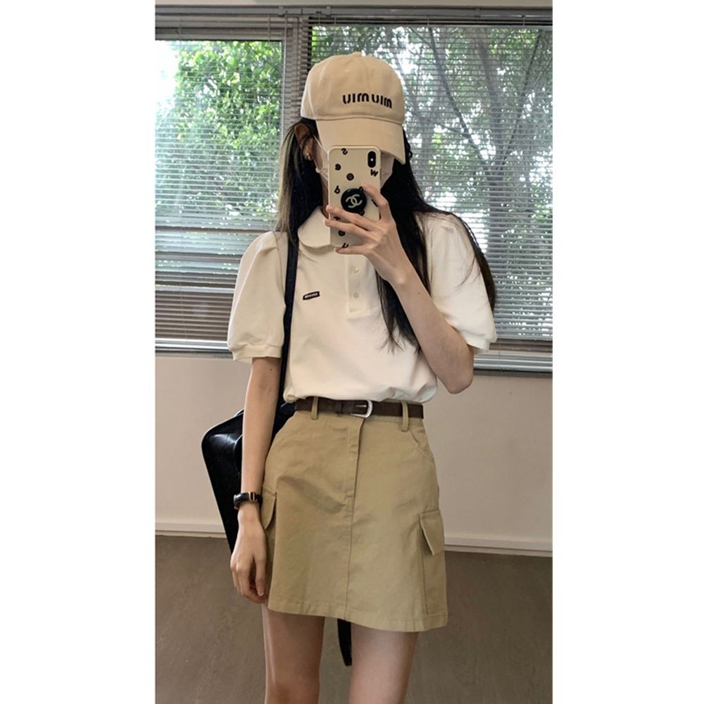 เสื้อเชิ้ตคอลูก.Pod แบบหลวม แขนพัฟสั้น สำหรับอากาศอบอุ่น