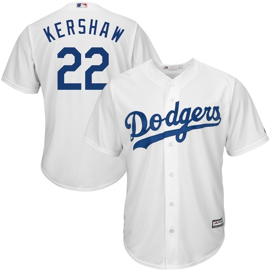 Dodgers Mens 22 Kershaw MLB Baseball Jacket สีขาว น้ําเงิน เทา