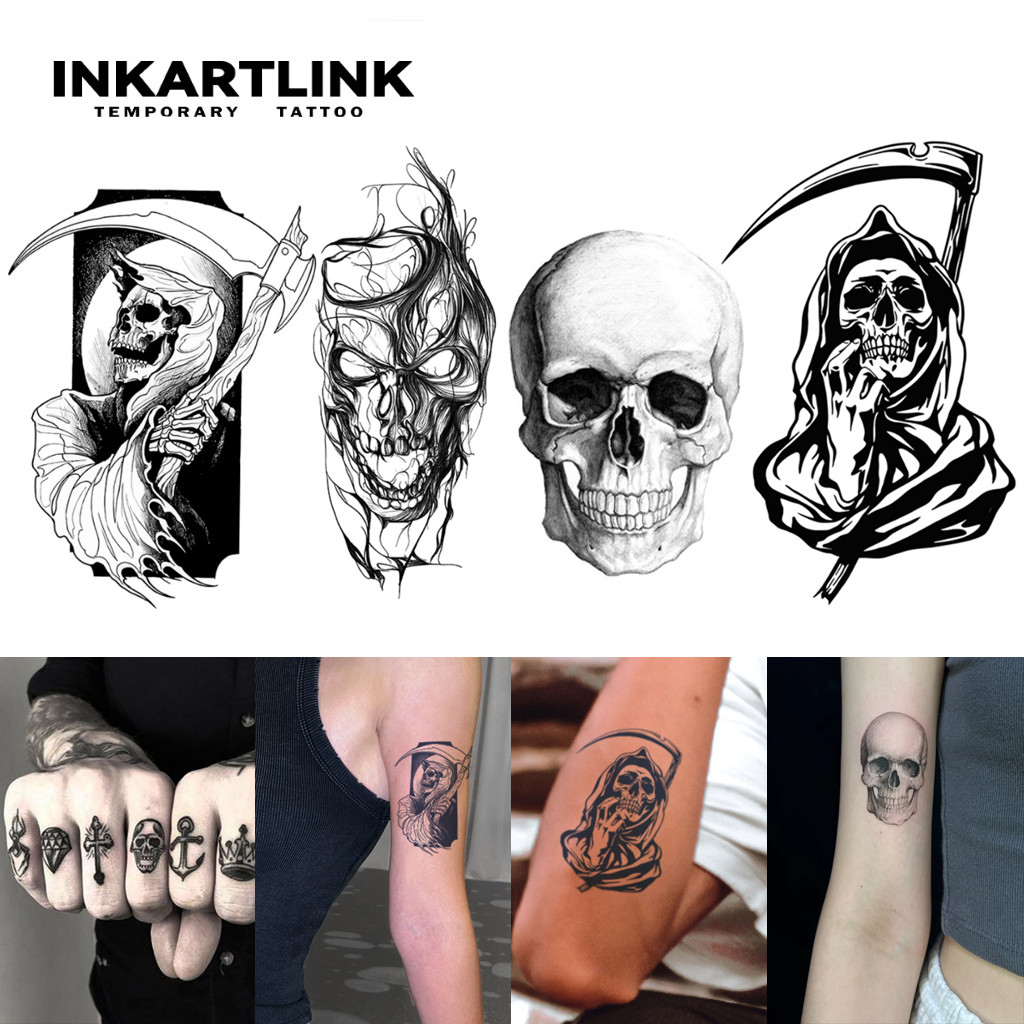 Inkartlink Skull สติ๊กเกอร์รอยสักชั่วคราวสําหรับผู้ชาย, รอยสักวิเศษมือติดทนนานกันน้ําขนาดใหญ่, ติดทนนานถึง 15 วัน, รอยสักปลอม, ชุดสักกึ่งถาวร
