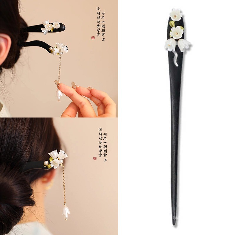Antique Lily of The Valley ดอกไม้พู่ Hairpin ผู้หญิง High-end Hanfu ไม้จันทน์อุปกรณ์เสริมผม