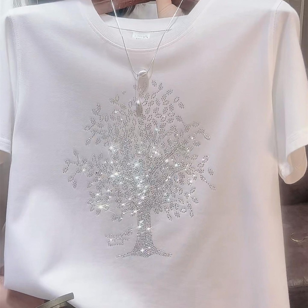 ผู้หญิงฤดูร้อนแขนสั้นเสื้อยืด Hot Diamond Fortune Tree รูปแบบ All-Match หลวม Slimmer ดูรอบ