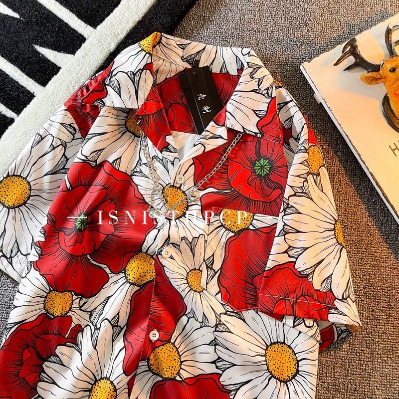 1LCF เสื้อเชิ้ตคอคิวบาผู้ชายแขนสั้นสไตล์เรโทรฮ่องกงแบรนด์เทรนด์ Ins เท่หลวมคู่รักแขนครึ่งเสื้อฮาวายล