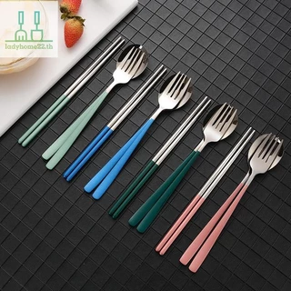 DOOULADY ชุดช้อนส้อมตะเกียบช้อน 3 In 1 สแตนเลสอาหารเย็นพร้อมกล่องบนโต๊ะอาหาร Flatware ชุด Travel Camping Flatware TH