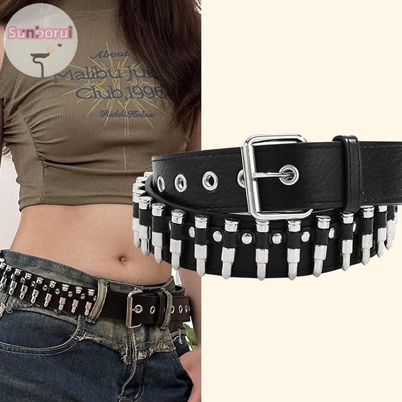 Sunborui Rivet Hollow Bullet ตกแต่งเข็มขัดแฟชั่นหนัง Studded Goth Rock Wild ปรับขนาดสำหรับผู้หญิง Punk เข็มขัดสีดำ TH