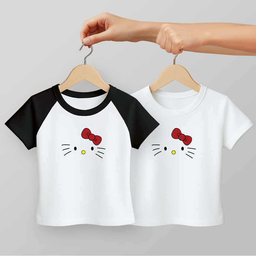 เสื้อครอปสั้น รัดรูปเอวลอย สกรีนลายแมวน่ารักๆ ครอปเบบี้ทีสาวอวบ เสื้อยืดแฟชั่นผู้หญิงสวยๆ เสื้อแมว